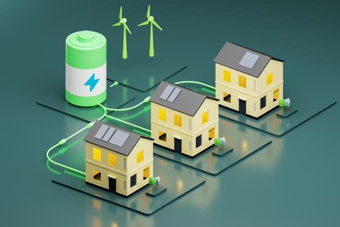 Illustratie van woningen die samen één energiesysteem vormen
